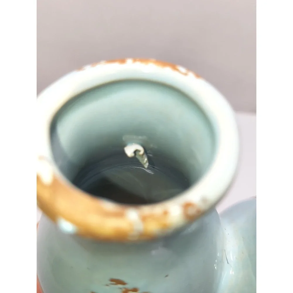 Connected Ceramic Bud Vase Set Aqua Blue & Brown Distressed Finish Shabby‎ Chic